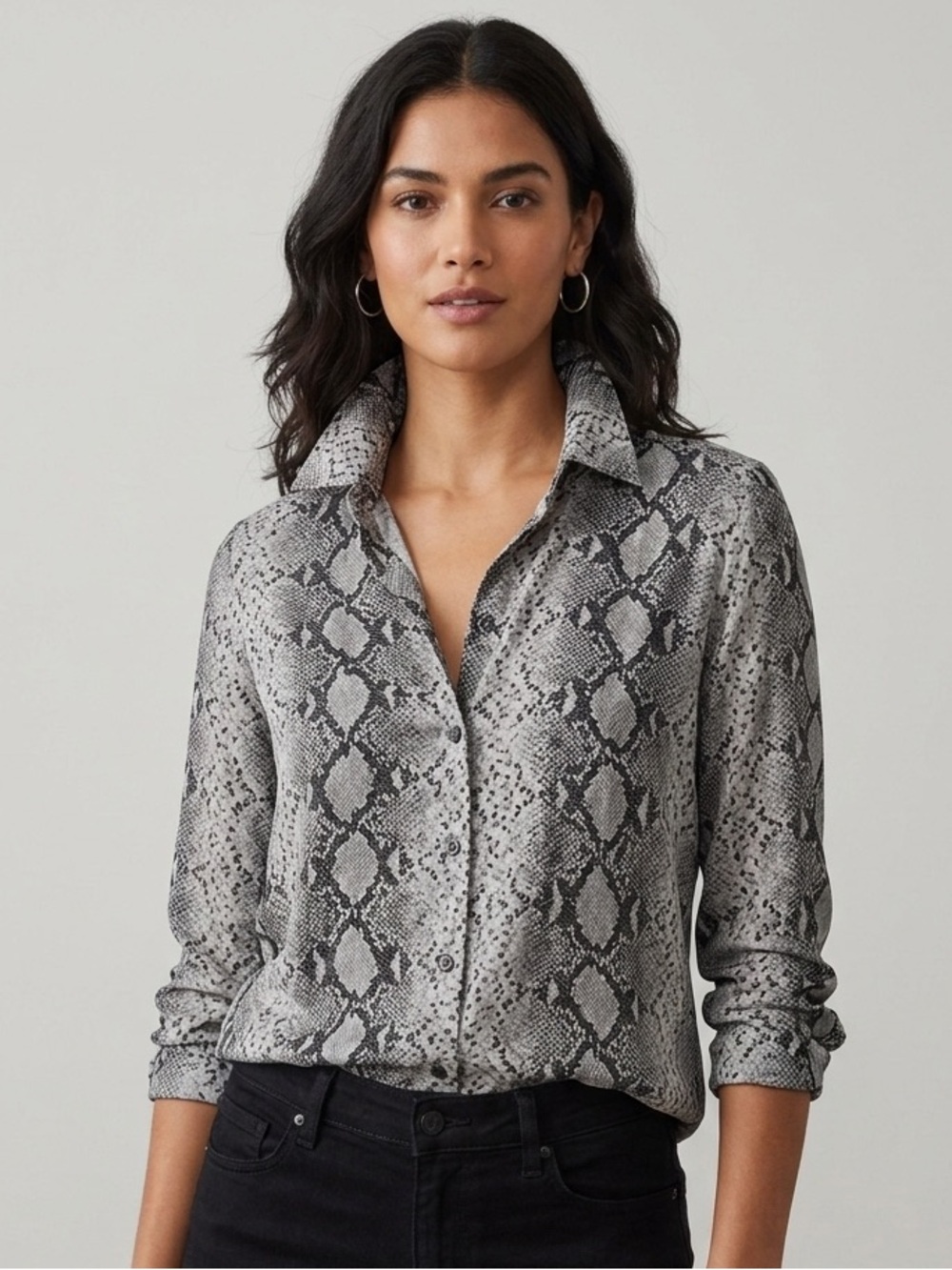 The Kooples Sz S 100% Silk Grey Snake Print Button Front Blouse